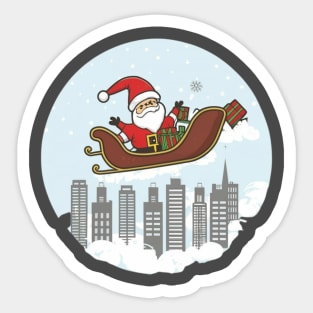 Santa, sleigh, cityscape, reindeer, Christmas, night, moon, holiday, festive, magical Sticker